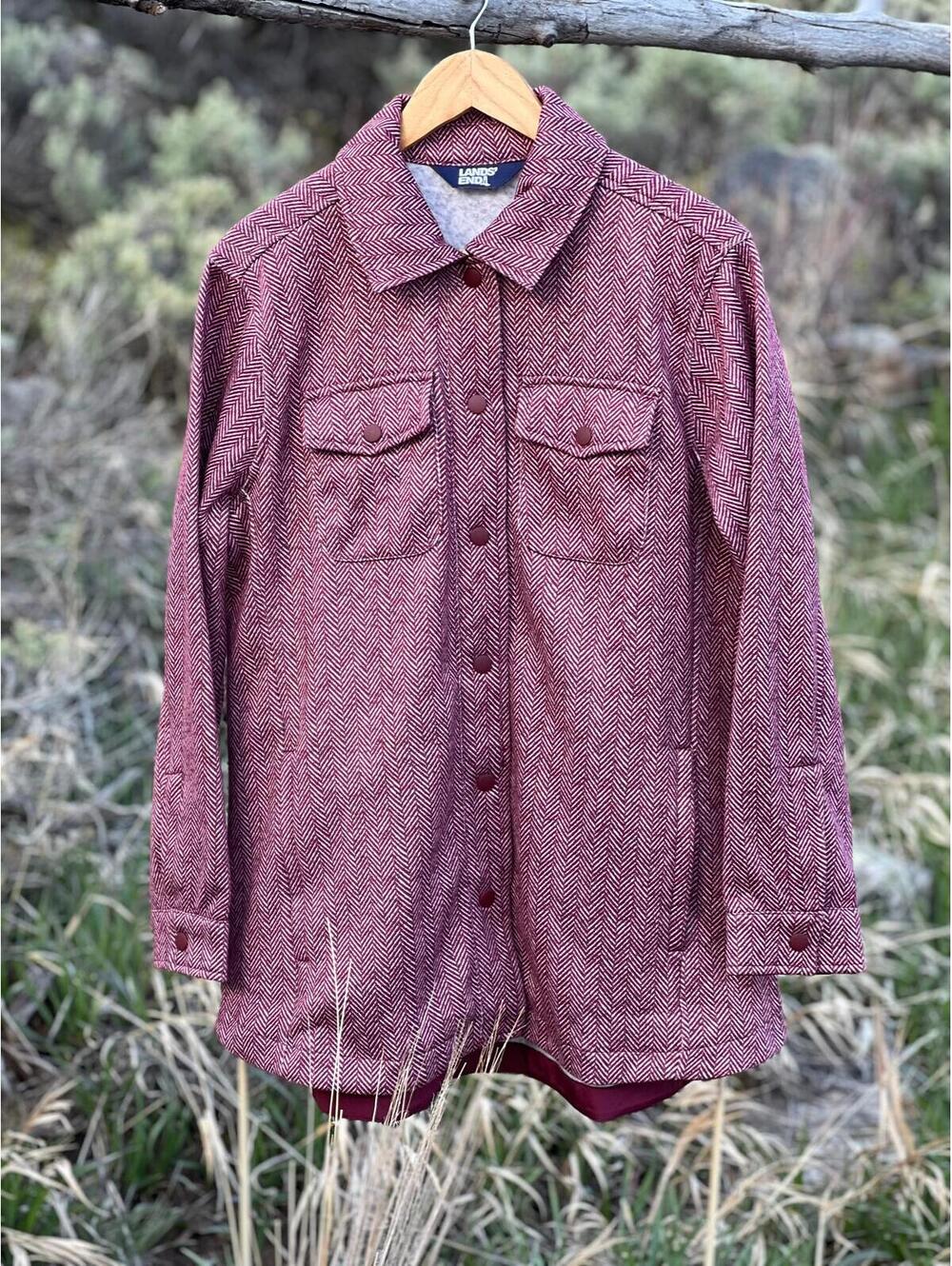 Lands' End Fleece Lined Snap Button Down Red Jacquard Shirt Jacket (L)